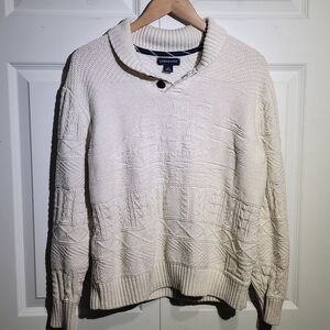 Lands' End Shawl Neck 2 Button Aran Men's Ivory Knit Sweater